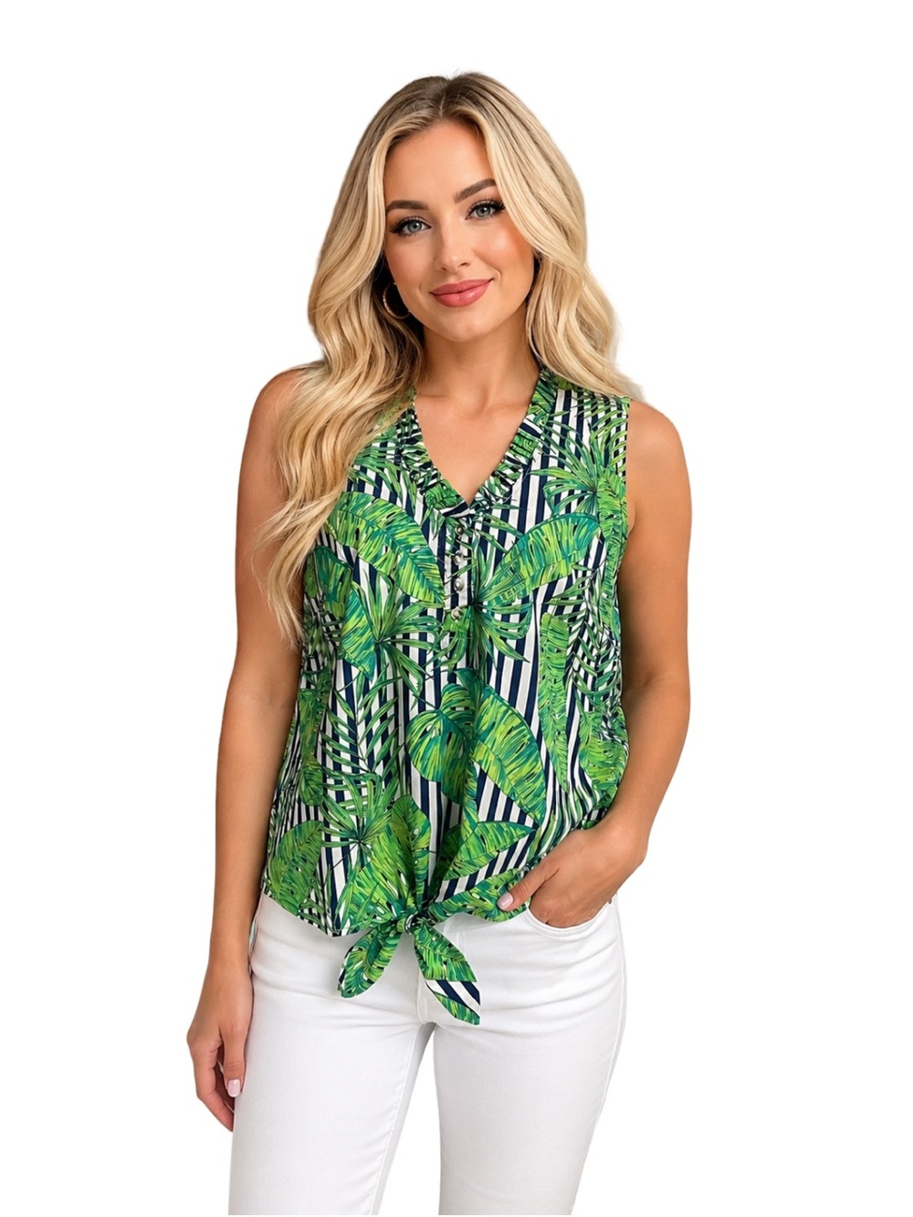 Sleeveless Green Tropical Tie-Hem V-Neck Top